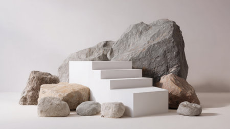 A sleek white staircase is positioned among various large stones in a contemporary indoor space, showing a striking contrast of materials and textures in a serene environment.の素材