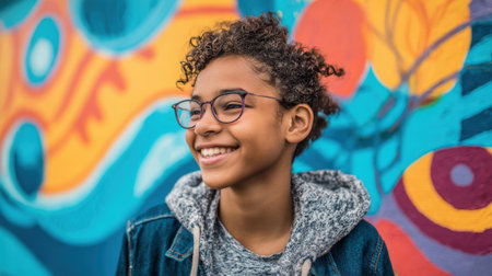 A boy with curly hair and glasses stands smiling in front of a vibrant mural featuring abstract patterns and bright colors in an urban setting. The scene is set in broad daylight.の素材