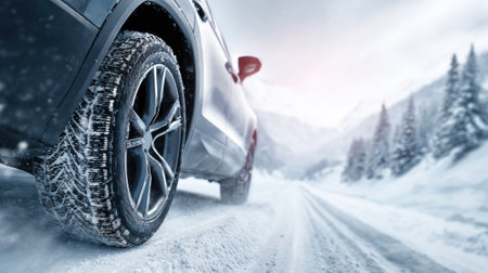 A vehicle is driving on a snow-covered road surrounded by tall trees. The scene captures the essence of winter, showcasing the challenging driving conditions as snowflakes fall gently.の素材