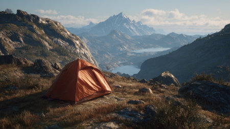 Bright orange tent set against a breathtaking landscape of mountains and a serene lake during the day, creating a perfect camping atmosphere in natures embrace.の素材