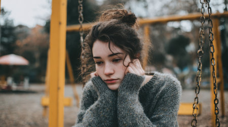 A young woman sits quietly on a swing, her expression thoughtful and introspective. The playground around her is empty, with autumn leaves scattered on the ground.の素材