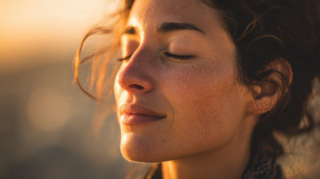 A woman stands outdoors, eyes closed, savoring a serene sunset. Her relaxed expression shows contentment as she embraces the beauty of the moment amidst nature.の素材