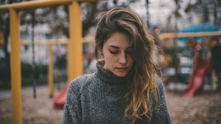 A young woman stands alone at a playground, wearing a cozy sweater and looking down thoughtfully. The playground equipment is vividly colored, contrasting with the glowy sky.の素材