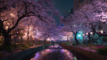Beautiful cherry blossom trees line the riverbank at night, illuminated by soft lights. The colorful blooms reflect off the water, creating a magical and serene atmosphere in the city.の素材