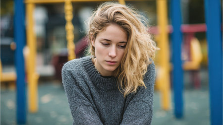 A young woman with wavy blonde hair sits on playground equipment, looking pensive. The colorful play structures surround her, indicating a lively atmosphere despite her solitude.の素材