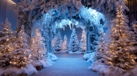 A magical winter wonderland features an enchanting entrance with snow-covered trees and soft glowing lights.の素材