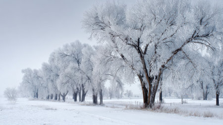 A serene winter morning showcases trees blanketed in frost, their branches heavy with white. The landscape is peaceful, with a soft, overcast sky enhancing the cold atmosphere.の素材