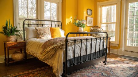 A charming bedroom features a black metal bed with decorative pillows and a cozy throw. Sunlight fills the space, highlighting vibrant yellow walls and a wooden chair by large windows.の素材