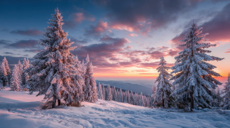 Frosted trees stand tall on a snowy hillside as the sun sets, casting vibrant colors across the sky. A serene winter beauty is captured in this tranquil mountainous setting.の素材