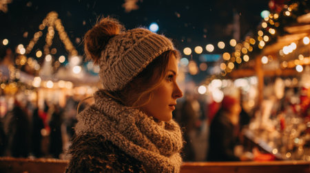 A young woman wearing a warm hat and scarf strolls through a winter market filled with festive lights and decorations. The atmosphere is lively, with people enjoying seasonal goods.の素材