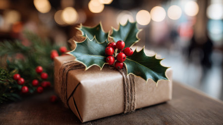 A beautifully wrapped gift featuring natural holly and red berries sits on a wooden table. Soft warm lights create a festive atmosphere, perfect for the holiday season.の素材