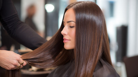 A hair stylist gently straightens the long, smooth hair of a woman in a modern salon. Natural light brightens the space, enhancing the elegant atmosphere.の素材
