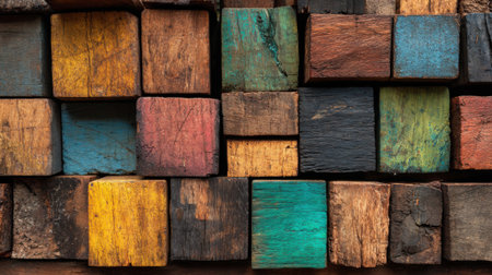 Colorful wooden blocks are arranged closely together, displaying a variety of textures and hues under soft lighting. This artistic composition highlights a blend of rustic charm and craftsmanship.の素材