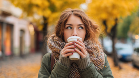 A young woman sips from a warm cup while walking in a park during autumn. Vibrant yellow leaves create a beautiful backdrop as she enjoys the cool weather.の素材