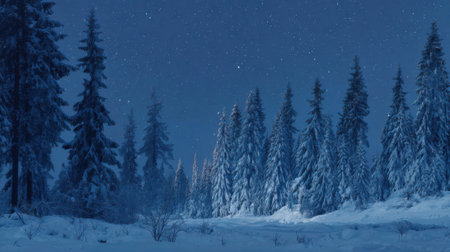 A tranquil winter forest under a starry sky showcases tall, snow-covered evergreen trees. The scene captures the essence of peace and solitude in a winter wonderland.の素材