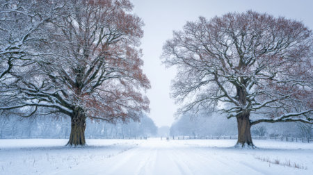 A serene winter scene features two large trees standing on either side of a snowy pathway. The ground is blanketed in fresh snow, creating a tranquil atmosphere in the landscape.の素材