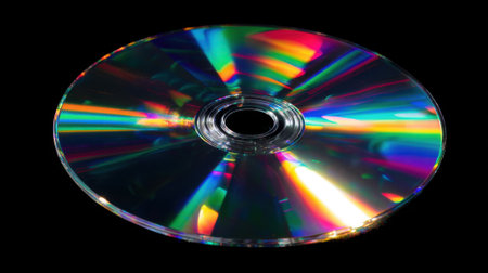 A CD rests on a black surface, showing striking rainbow reflections. The light creates a mesmerizing display of colors swirling across the disc's surface.の素材