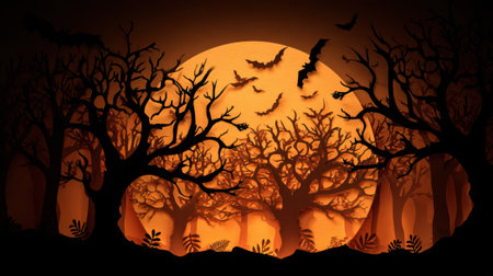 A hauntingly beautiful forest comes alive at dusk with twisted trees silhouetted against a glowing orange moon. Bats flit between the branches, enhancing the eerie atmosphere of the night.の素材