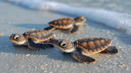 Tiny baby sea turtles emerge from their nest and crawl across the warm sand toward the ocean waves at dawn, starting their journey into the sea.の素材