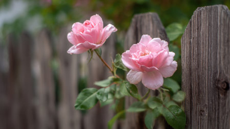 Two soft pink roses bloom vibrantly next to a weathered wooden fence, surrounded by lush green foliage, capturing the essence of springs beauty and tranquility.の素材