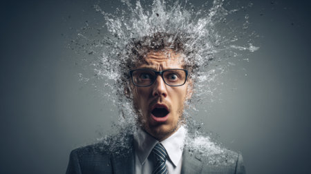 A man wearing glasses and a suit shows a shocked expression as water erupts around his head. This dynamic moment captures a sense of surprise and intensity in a controlled environment.の素材