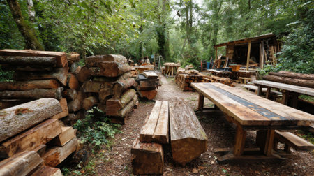 This woodworking area showcases logs and lumber neatly stacked around wooden tables amidst lush greenery in a tranquil forest, inviting creativity and craftsmanship.の素材