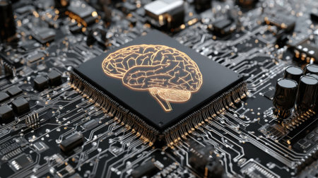 A close-up view reveals a microchip embedded in a circuit board featuring a glowing brain design, symbolizing the integration of artificial intelligence and technology in modern applications.の素材