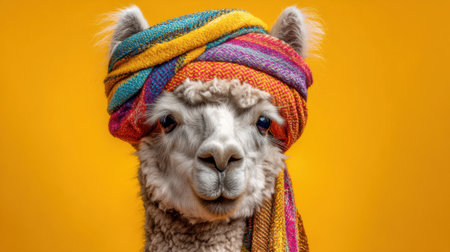 A llama adorned in a bright, multicolored turban gazes at the camera with a calm expression. The vivid orange backdrop enhances the striking appearance of the llama, creating a captivating look.の素材