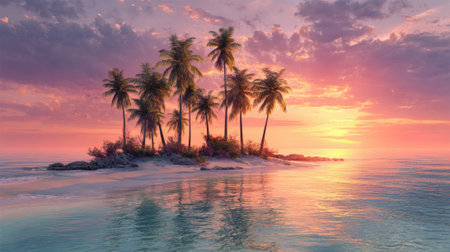 A serene tropical island showcases several palm trees silhouetted against a stunning sunset. The tranquil water reflects the vibrant colors of the sky, creating a picturesque scene.の素材