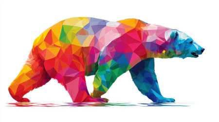 A bear is depicted in a mosaic of vibrant, geometric shapes, emphasizing a creative design. The animal appears to be walking with a confident stance, creating a visually engaging effect.の素材