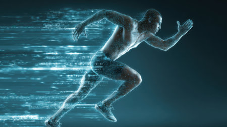 A male athlete races forward, showcasing intense motion with digital effects emphasizing speed. The background is dark, highlighting the runner's form and energy.の素材