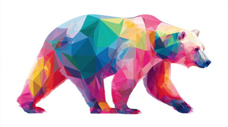 A bear is depicted in a vibrant geometric design, featuring bright colors and angular shapes. The artwork captures the bear's majestic form with a unique, contemporary style.の素材