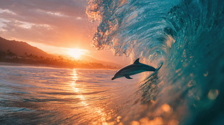 A playful dolphin leaps out of a shimmering wave with the vibrant colors of sunset illuminating the water. The tropical shoreline creates a tranquil backdrop for this breathtaking moment.の素材