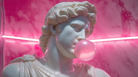 A marble statue reminiscent of classical art blows a vibrant pink bubblegum, set against a dynamic backdrop with glowing neon lights, creating a striking fusion of styles.の素材