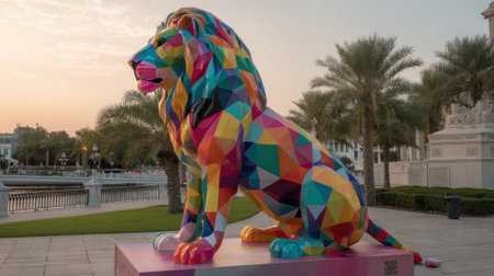 A large, brightly colored lion sculpture made of geometric shapes captures attention near a serene body of water. Palm trees and a sunset enhance the lively atmosphere.の素材