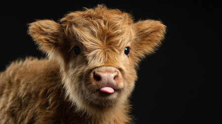 A fluffy Highland calf playfully sticks its tongue out while posing against a dark backdrop in a studio setting. The animal's adorable features shine in the afternoon light.の素材