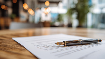 A stylish fountain pen lies atop a contract on a wooden table in a contemporary cafe. Sunlight filters through large windows, creating a warm atmosphere perfect for signing important documents.の素材