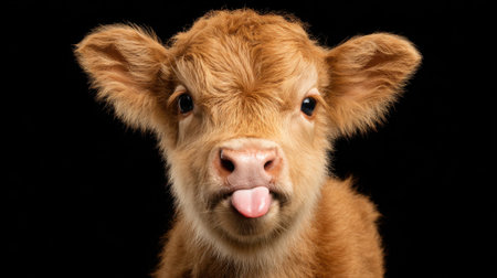 A young brown calf playfully sticks out its tongue while looking directly into the camera, creating a charming and engaging moment. The dark background highlights its fluffy fur and round eyes.の素材