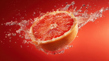 A juicy grapefruit is captured mid-splash as water droplets dance around it, creating an eye-catching display of freshness against a rich red backdrop.の素材