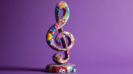 A decorative treble clef sculpture, adorned with a mosaic of colors and patterns, stands on a pedestal against a bright purple backdrop, showcasing artistic creativity.の素材