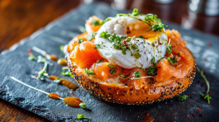 A freshly prepared bagel topped with smoked salmon, a perfectly poached egg, and a sprinkle of herbs is presented on a dark slate plate. The dish is vibrant and appetizing.の素材