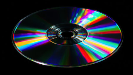 A CD rests flat on a dark surface, reflecting a spectrum of colors that dance across its shiny surface. The vibrant hues create an eye-catching visual effect, drawing attention to the circular object.の素材