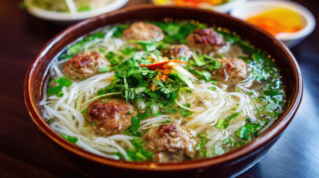 A warm bowl of noodle soup features tender meatballs and vibrant herbs, served at a cozy restaurant during a busy lunchtime. The broth is rich and inviting.の素材