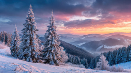 Snow-covered pine trees dominate the foreground while rolling mountains fade into the horizon. The sky glows with warm colors as winter light breaks through the clouds at dawn.の素材