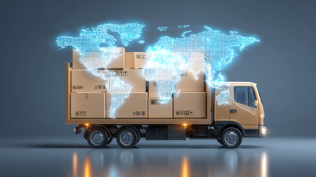 A delivery truck loaded with cardboard boxes moves along a sleek surface. Above, a glowing world map projection highlights global logistics and trade connections.の素材