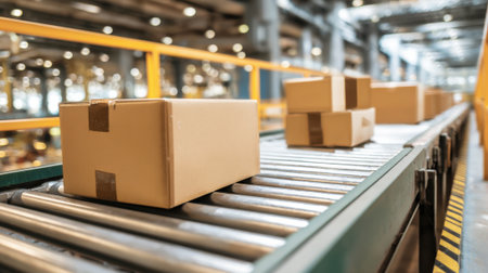 A series of cardboard boxes are seen moving along a conveyor belt inside a busy warehouse. Workers are actively engaged in the shipping process during daylight hours.の素材