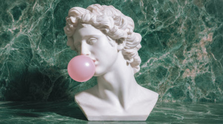 A white marble sculpture of a young man's bust is featured, blowing pink bubblegum against a rich green marble background. This juxtaposition blends classic art with modern pop culture.の素材