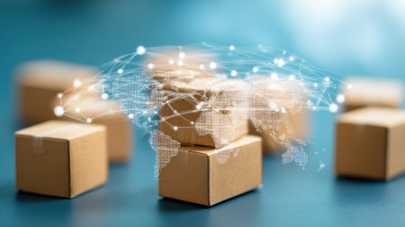 Cardboard boxes are arranged on a blue surface with a digital network overlay. The design signifies global logistics and supply chain management in an innovative way.の素材