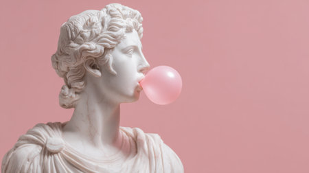 A classic sculpture of a male figure is depicted blowing a vibrant pink bubble gum, contrasting with a soft pink background. The piece highlights a blend of tradition and contemporary humor.の素材