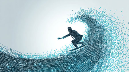 A businessman dressed in formal attire balances on a surfboard, riding a wave made of binary code. This symbolizes the fusion of traditional business and modern technology.の素材